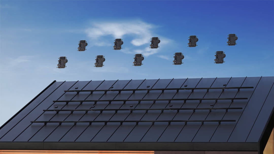 Two rows of Enphase Micro Inverters hovering above a roof with the frame ready for installation