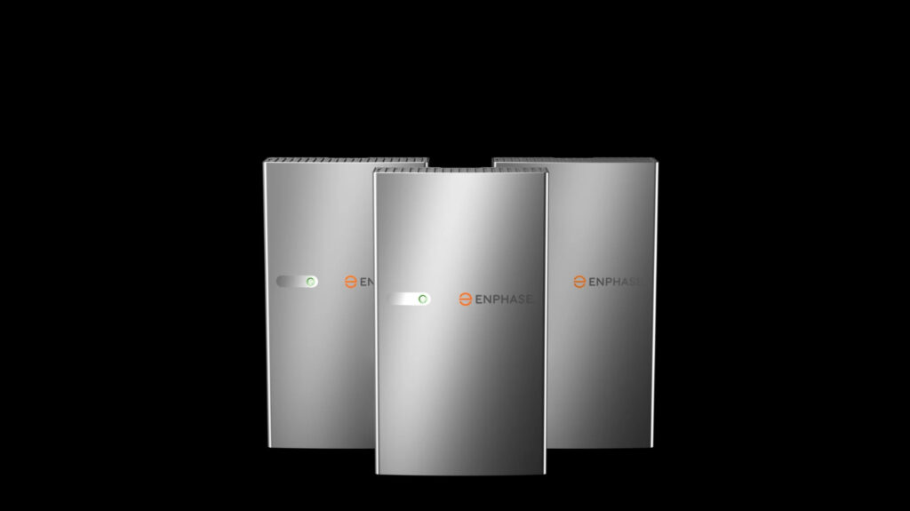 Three Enphase IQ8 Batteries on a dark background